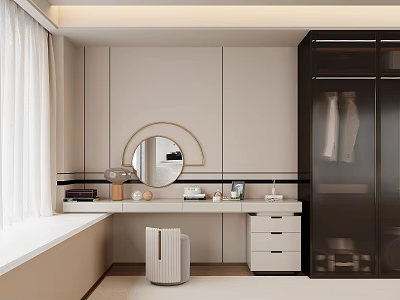 Modern Vanity Table with Round Mirror White Countertop Drawers and Nearby Wardrobe 3d model