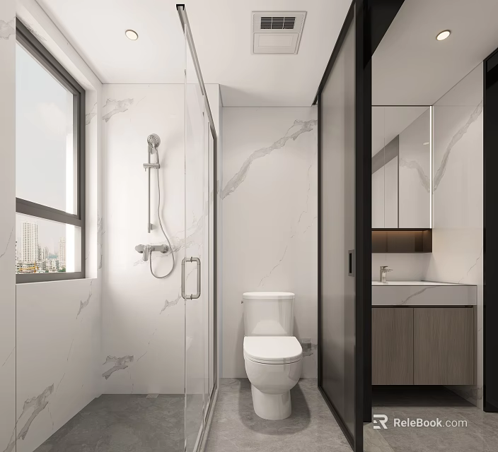 Modern Bathroom With Marble Walls Glass Shower Enclosure Toilet And Vanity Mirror 3d model 