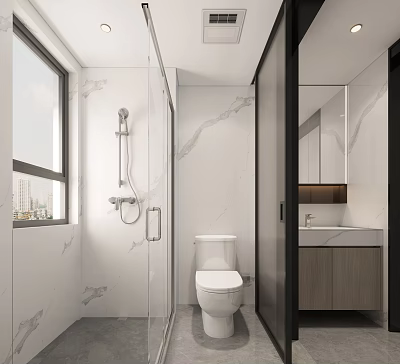 Modern Bathroom With Marble Walls Glass Shower Enclosure Toilet And Vanity Mirror 3d model