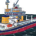 Large Red and Blue Cargo Ship Near Offshore Drilling Platform With Crane and Helicopter