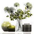 Decorative Glass and Ceramic Vases with Green Leaves and White Flowers Arrangement