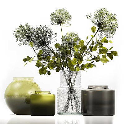 Decorative Glass and Ceramic Vases with Green Leaves and White Flowers Arrangement 3d model