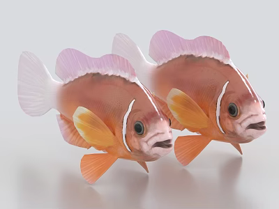 Two Vibrant Pink And Orange Clownfish With White Stripes In Aquatic Showcase 3d model
