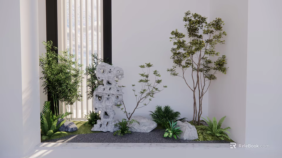Bonsai Plants Display With Decorative Stones And Green Shrubs In Indoor Garden Corner 3d model 