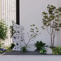 Bonsai Plants Display With Decorative Stones And Green Shrubs In Indoor Garden Corner
