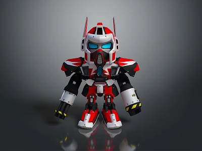 Chibi Robot Toy Figure with Red White Mechanical Armor and Blue Eyes 3d model