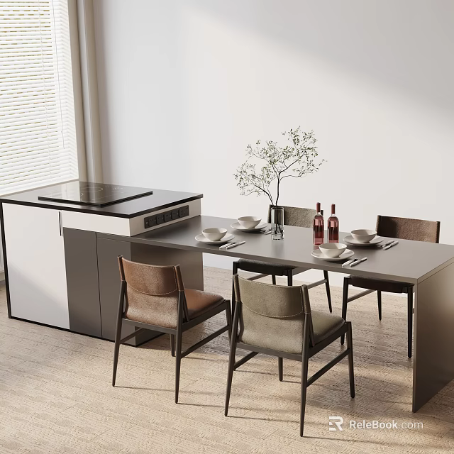 Modern Dining Table Set with Gray Brown Chairs Island Counter Hob Tableware Vase Wine Bottles 3d model 