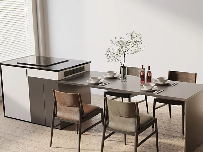 Modern Dining Table Set with Gray Brown Chairs Island Counter Hob Tableware Vase Wine Bottles 3d model