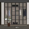 Modern Wardrobe Interior With Glass Doors Hanging Clothes And Storage Shelves
