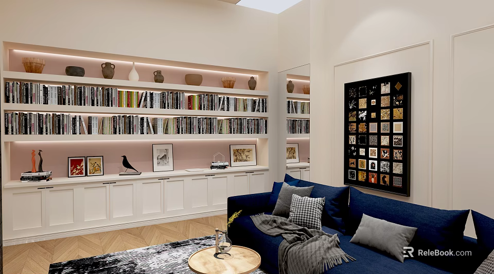 Inviting Lounge Room With Blue Sofa Bookshelves Wall Art Rug Small Coffee Table And Decorations 3d model 