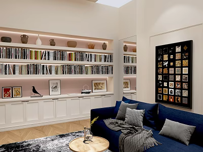 Inviting Lounge Room With Blue Sofa Bookshelves Wall Art Rug Small Coffee Table And Decorations 3d model