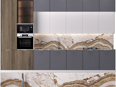 Modern Kitchen Interior With Gray White Cabinets Marble Countertop And Built In Appliances 3d model