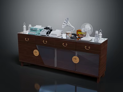 Brown Wooden Entryway Console Cabinet With Glass Doors Gold Accents And Decorative Items On Top 3d model