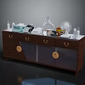 Brown Wooden Entryway Console Cabinet With Glass Doors Gold Accents And Decorative Items On Top