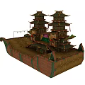 Traditional Chinese Wooden Boat With Multi Tiered Towers And Ornate Green Accents