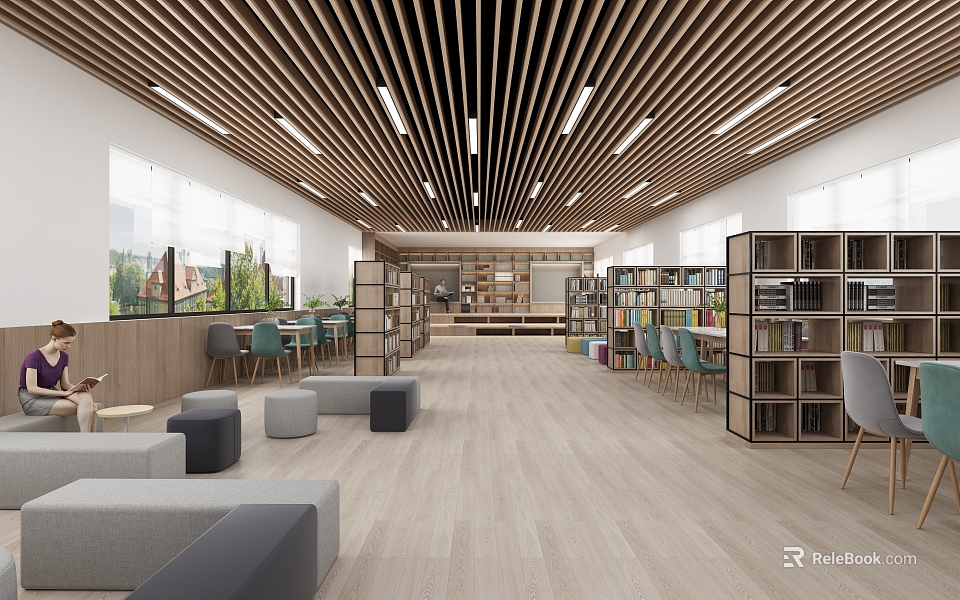 Book Art Library Interior Design With Wooden Ceiling Bookshelves Sofas And Natural Light 3d model 