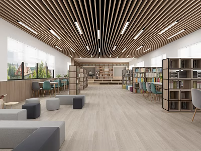 Book Art Library Interior Design With Wooden Ceiling Bookshelves Sofas And Natural Light 3d model