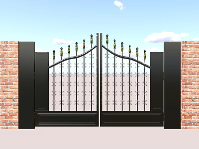 Black Iron Gate with Red Brick Walls Decorative Spires and Intricate Patterns 3d model