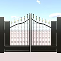 Black Iron Gate with Red Brick Walls Decorative Spires and Intricate Patterns