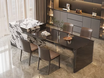 Elegant Modern Dining Table Set With Black Marble Countertop And Four Brown Chairs 3d model