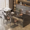 Elegant Modern Dining Table Set With Black Marble Countertop And Four Brown Chairs