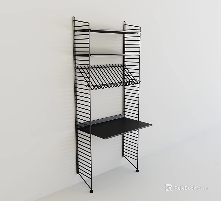 Modern Black Decorative Cabinet With Metal Frame Multiple Shelves And Small Tabletop 3d model 