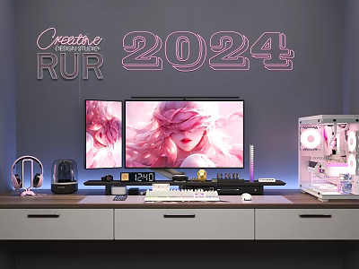 Creative 2024 Computer Workstation With Dual Monitors Anime Character Headphones And 3D Printer 3d model
