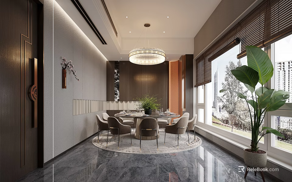 Elegant Modern Private Dining Room Interior With Round Table Chairs Chandelier And Green Plant 3d model 