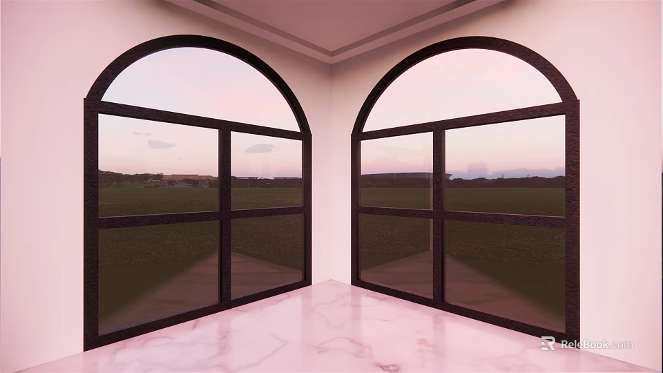 Arched Floor to Ceiling Windows With Black Frames in Modern Interior and Green Field View 3d model 