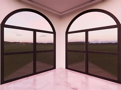 Arched Floor to Ceiling Windows With Black Frames in Modern Interior and Green Field View 3d model