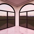 Arched Floor to Ceiling Windows With Black Frames in Modern Interior and Green Field View 3d model