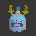 Cute Blue Cartoon Character Creature With Orange Horns Blue Top Yawning Expression Blush Cheeks