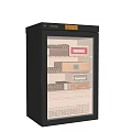 Black Glass Door Wine Cabinet With Cigar Boxes And Wooden Storage Racks