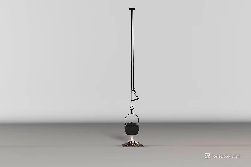 Traditional Hanging Teapot Setup with Small Fire and Long Pole for Tea Making 3d model