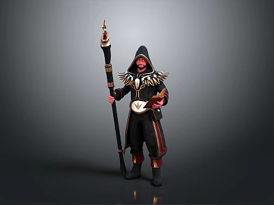 Hooded Man in Robe Standing with Ornamental Staff and Gold Accents Gray Background 3d model