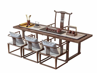 Traditional Chinese Wooden Tea Table and Chairs with Tea Set Tray and Backrest Design 3d model