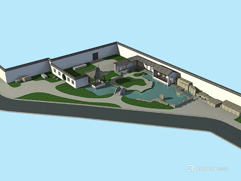 Ancient Architecture Courtyard Design with Central Pond Greenery and Traditional Structures 3d model