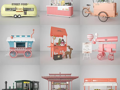 Colorful Street Food Carts And Mobile Vending Vehicles With Different Designs And Wheels 3d model
