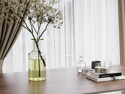 Glass Vase With White Dried Flowers Yellow Water On Wooden Table Beside Curtains Books Candles 3d model