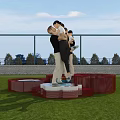 Two Person Dance Poses On Red And White Platform In Green Grass Field With Canopy