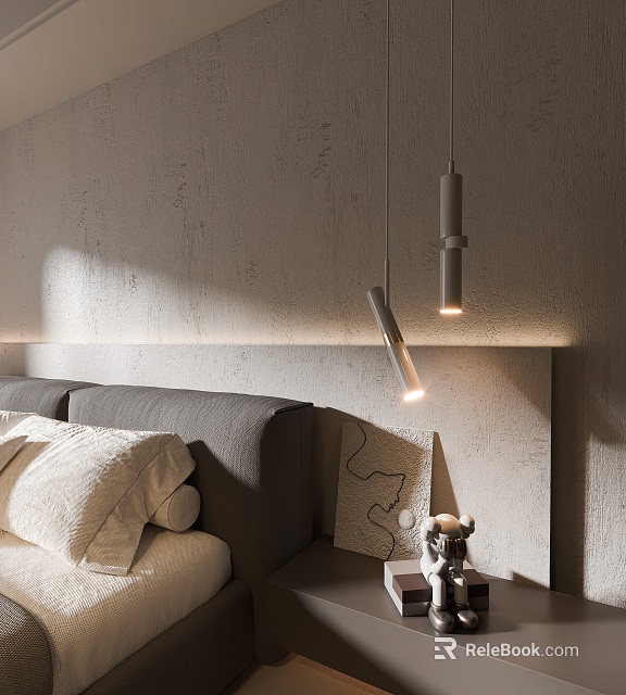 Modern Bedroom Interior With Stylish Pendant Lights Above Gray Bed And White Pillows 3d model 