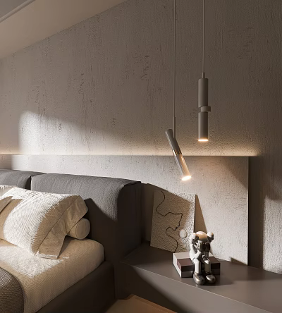 Modern Bedroom Interior With Stylish Pendant Lights Above Gray Bed And White Pillows 3d model
