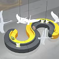 Unique S shaped Sofa Yellow Black Design with White Swan Sculptures in Modern Space