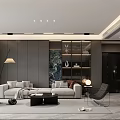 Modern Living and Dining Room Interior With Open Layout Wooden Cabinets and Decorative Painting