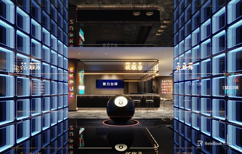 Modern Restaurant Interior With Blue Illuminated Panels Circular Central Decor And Glossy Black Floor 3d model 