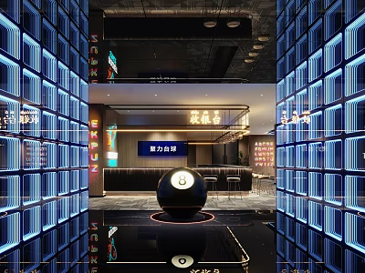 Modern Restaurant Interior With Blue Illuminated Panels Circular Central Decor And Glossy Black Floor 3d model