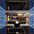 Modern Restaurant Interior With Blue Illuminated Panels Circular Central Decor And Glossy Black Floor