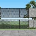 Modern Feature Wall With Perforated Metal And Stone Panels Surrounded By Green Plants