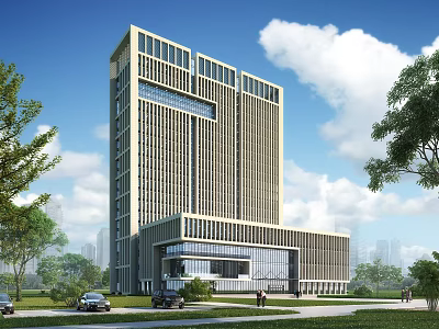 Modern Tall Office Building With Glass Facade Greenery Lawn Trees And Parking Area 3d model