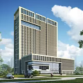 Modern Tall Office Building With Glass Facade Greenery Lawn Trees And Parking Area